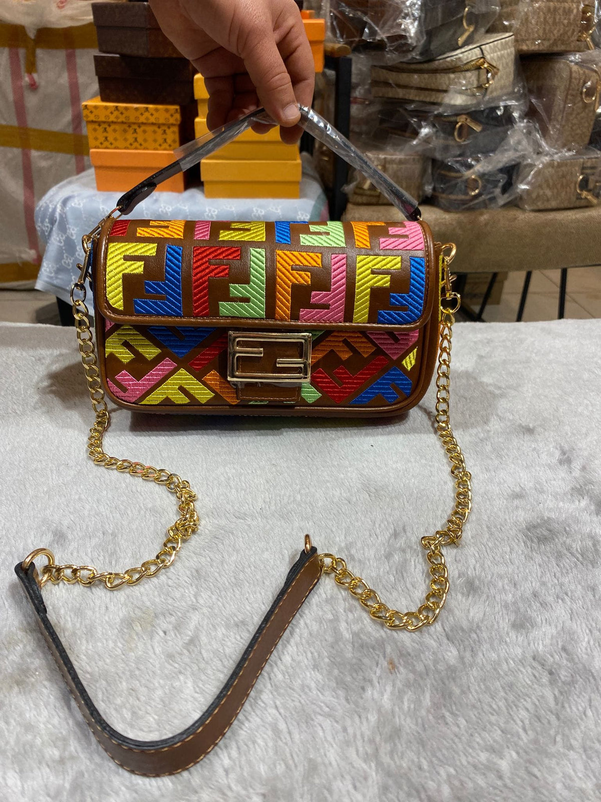 Fendi Multicolor FF Logo Embroidered Baguette
