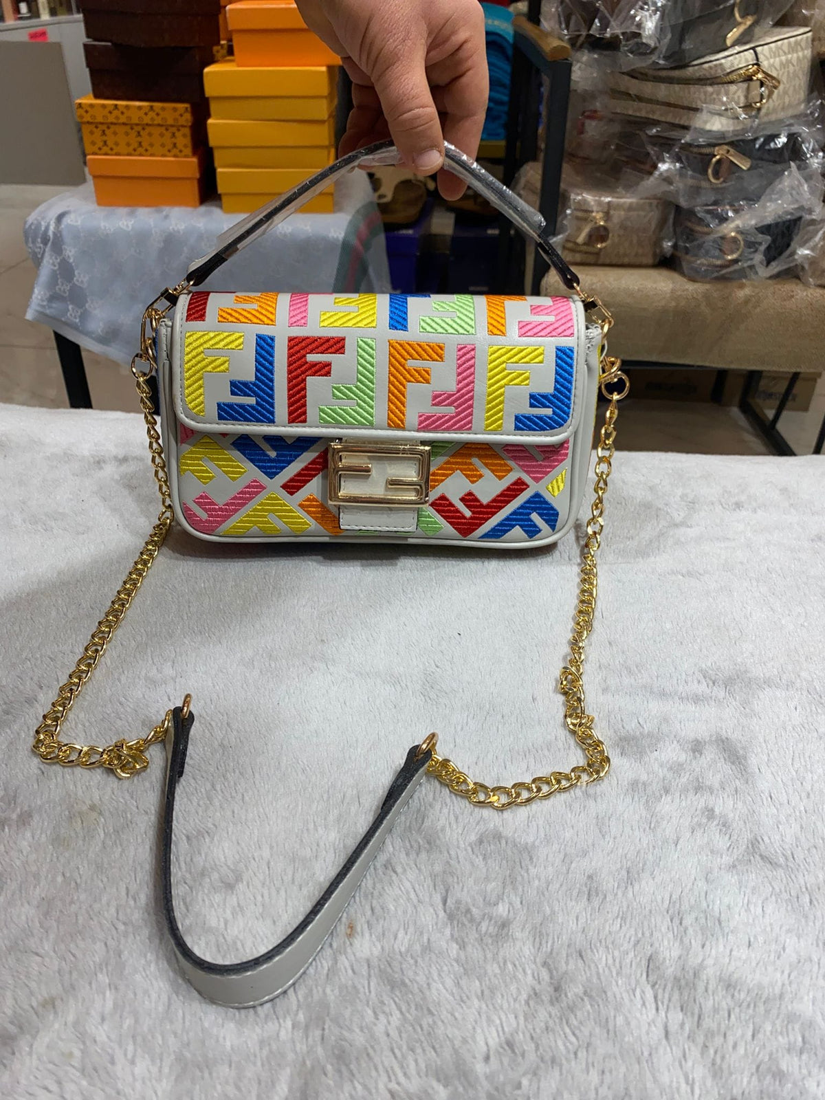Fendi Multicolor FF Logo Embroidered Baguette