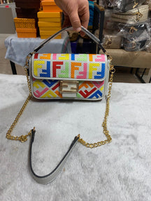Fendi Multicolor FF Logo Embroidered Baguette